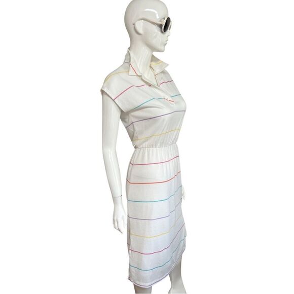 Vintage 1970s Handmade One of a Kind Rainbow Stripe Cinch Waist Polo Midi Dress - Picture 6 of 15